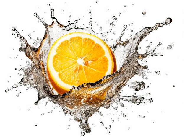 Falling lemon fruit meets water in a splash white background Lots of crystal drops AI generative illustration