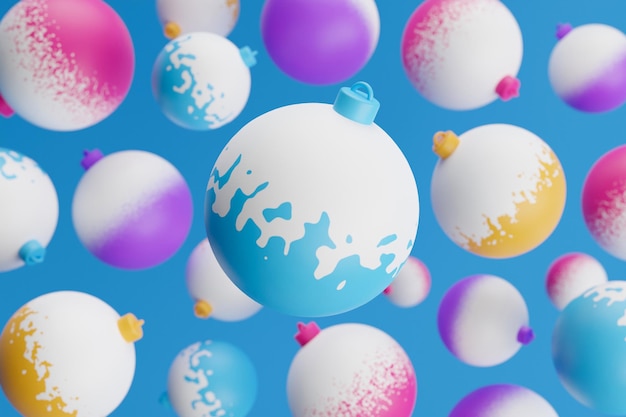 Falling luxury golden 3d christmas ball with pattern on blue background 3d rendering Happy New Year Luxury background with colorful bauble ball