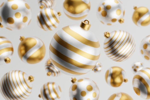 Фото Падающий роскошный золотой 3d новогодний шар с узором на белом фоне 3d рендеринг с новым годом роскошный фон с золотым и белым шаром безделушка