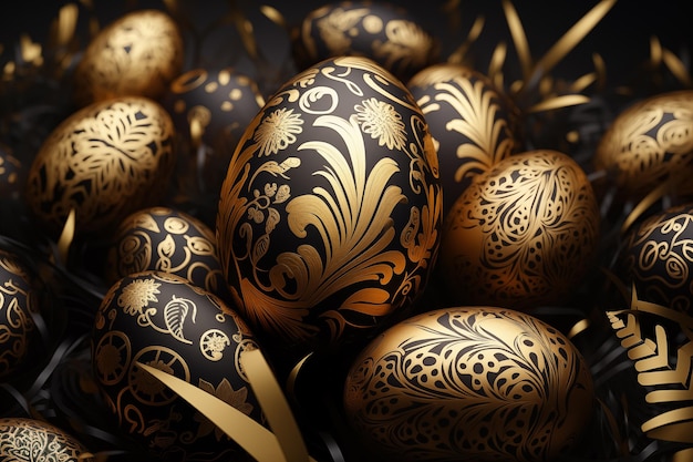 Falling luxury golden d easter egg with pattern on black background d rendering happy easter luxury