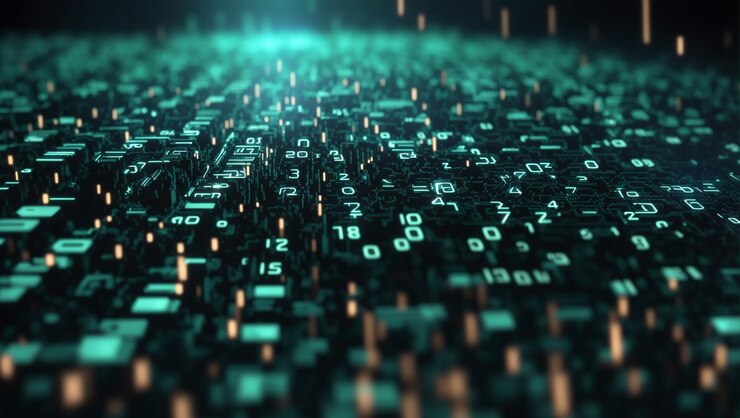 Photo falling numbers matrix binary code in green and black digital background
