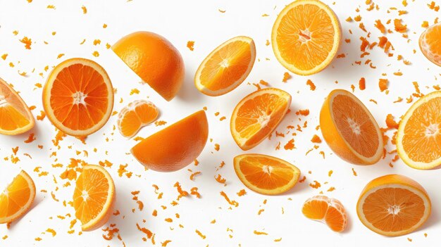 Photo falling orange and orange slices isolated on a white background