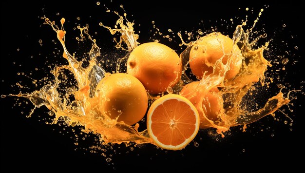 Falling oranges and juice orange splash gezond voedsel concept AI gegenereerd