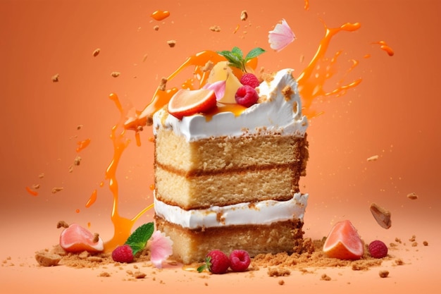 Falling pieces of cake with splashes on background