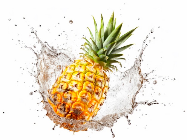 Falling pineapple fruit meets water in a splash white background Lots of crystal drops AI generative illustration