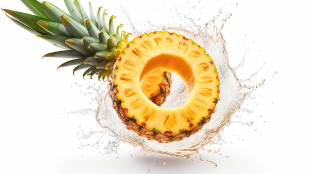 Falling pineapple slice ring isolated on white background