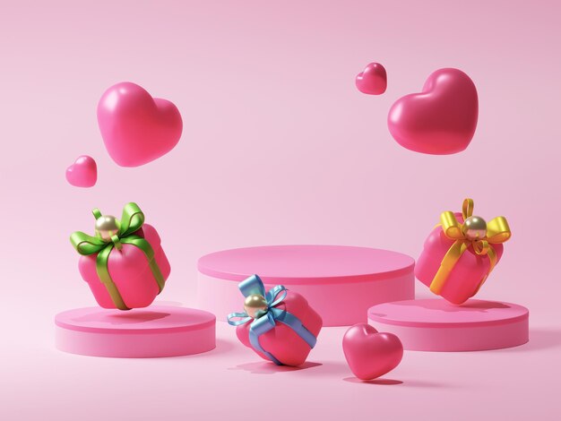 空の表彰台製品表示 3 d イラストレーションに落ちるピンクの愛のハートの形と誕生日ギフト ボックス