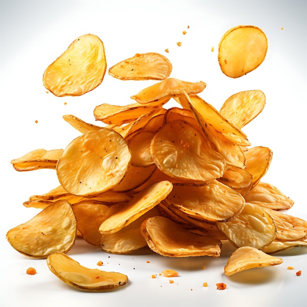 falling potato chips isolated with white background