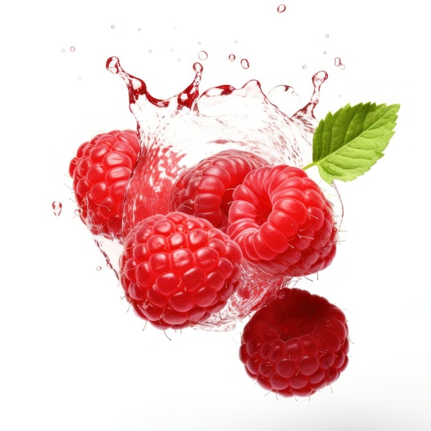 Falling raspberry with water drops