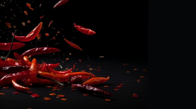 Falling Red Chili Peppers on Black Background