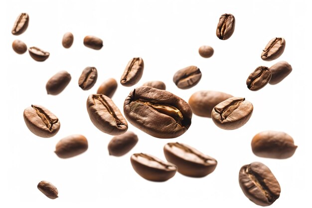 Falling roasted coffee beans isolated on white background with selective focus