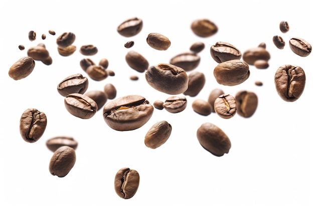 Falling roasted coffee beans isolated on white background with selective focus