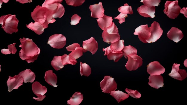 Falling rose petals on black background