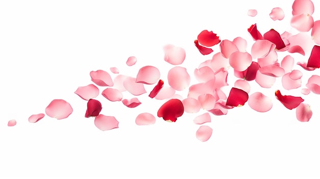 Photo falling rose petals on a white background isolated