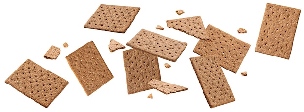 Photo falling rye cracker cookies isolated on white background with clipping path