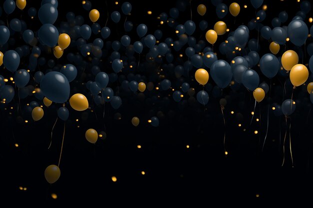 Photo falling shiny glitter confetti with gold and blue balloons in dark blue background