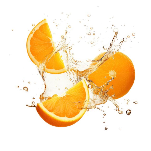 Falling of slice oranges with water splash isolated on white background