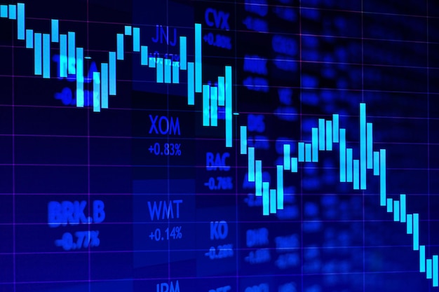 Grafico del mercato azionario in calo su sfondo scuro sullo sfondo delle quotazioni azionarie