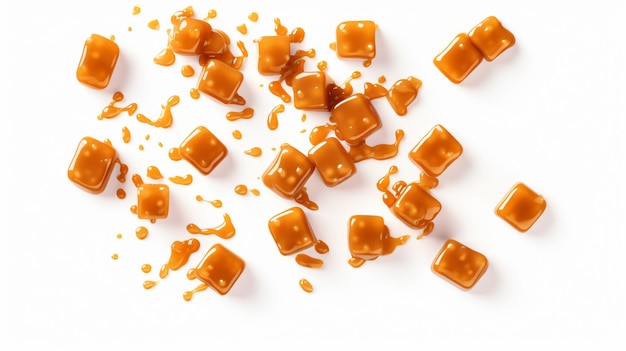 Falling toffee caramel candies isolated on white background