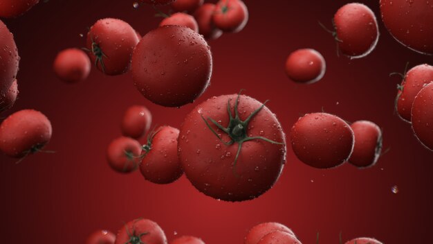 Falling tomatoes with water drops on red