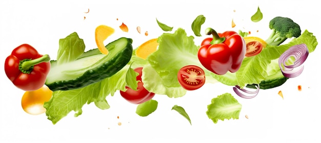 Falling vegetables salad of bell pepper tomato and lettuce leaves Generative AI