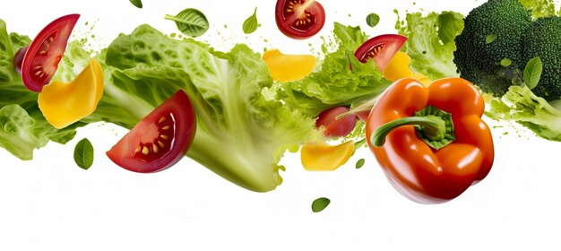 Салат из падающих овощей из помидоров и листьев салата Generative AI