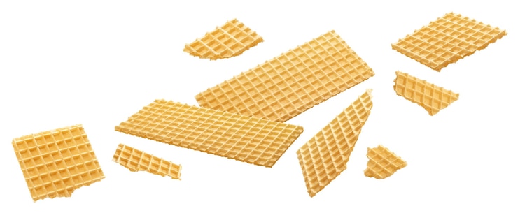 Photo falling wafer, whole and broken crisp waffle bread isolated on white background with clipping path