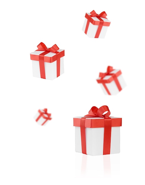 Falling white gift boxes with red bows, Merry New Year and Merry Christmas