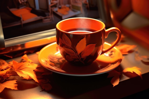 Fallinspired cozy scene with an orange cup and a leafstrewn saucer