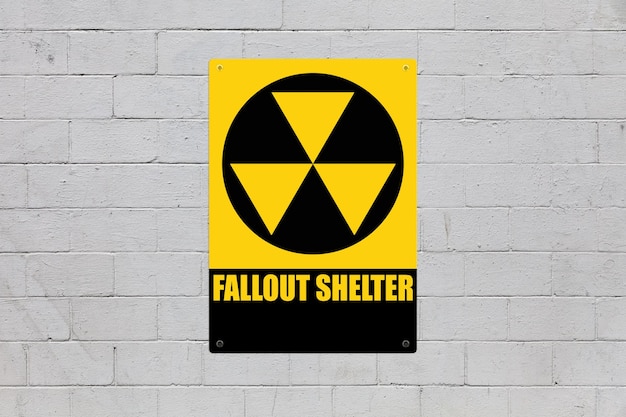 Fallout shelter sign on a cinder block wall