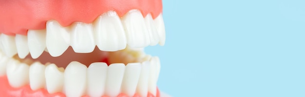 틀니 턱 파란색 배경 근접 촬영에 치아 모델 틀니 치과 건강 관리 개념 구강 위생 연구를 위한 아크릴 인간의 턱 모델 치과 치료 광고 프로모션