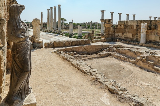 Famagusta Northern Cyprus Columns and sculptures at bath complex in Salamis ruins