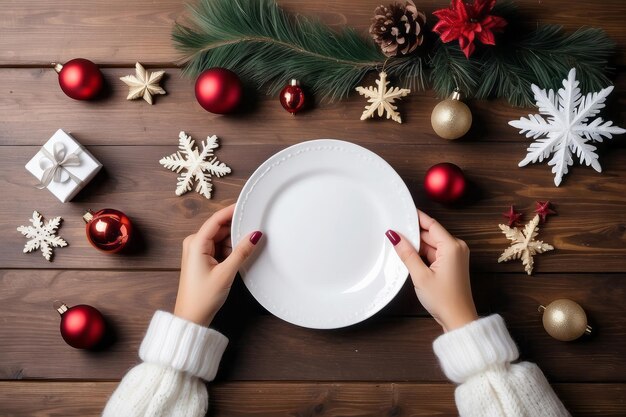 Foto famale con la mano in mano un piatto bianco su sfondo di legno con decorazioni natalizie