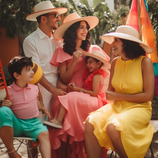 familia colombiana en un dia soleado usando ropa colorida