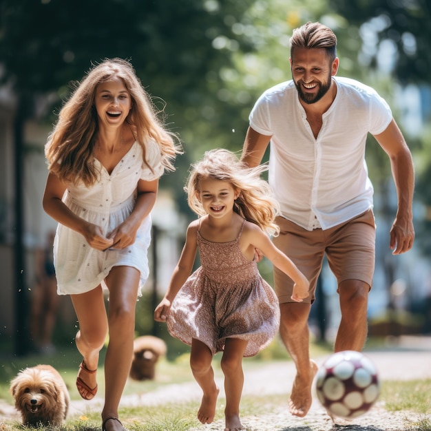 Familie actieve vakanties gelukkige ouders met kinderen tijdens het spelen met een bal in de zomer buiten