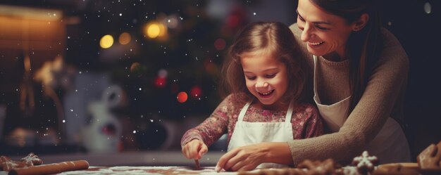 Familie bakte met kinderen peperkoek in de keuken kerst panorama Generatieve Ai