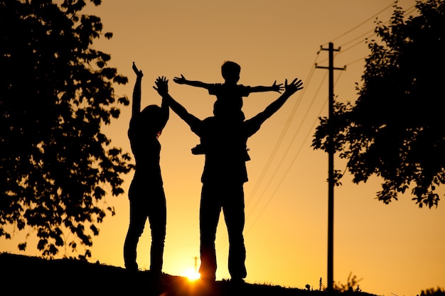 Familie die gang heeft bij zonsondergang