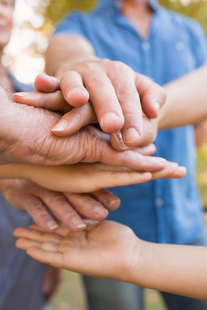 Familie die hun handen samenbrengt