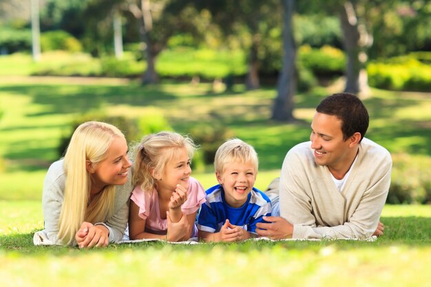 Familie die in het park ligt