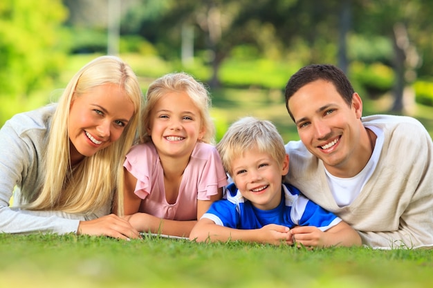 Familie die in het park ligt