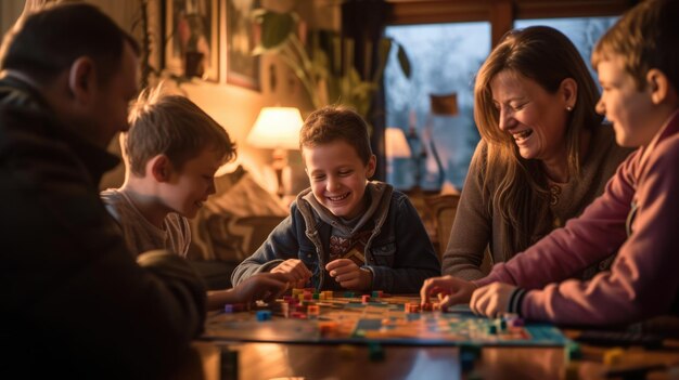 Familie die lachen en glimlachen terwijl ze thuis een bordspel spelen AIG41