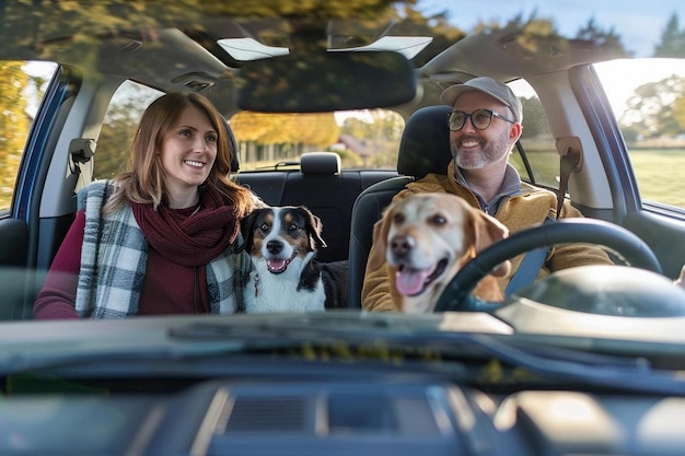 Familie die met de auto reist man en vrouw hond