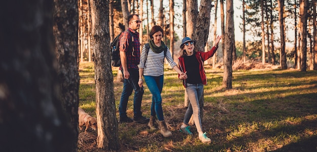 Familie die met hond op een pijnboombos wandelt