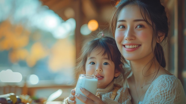 Familie die samen ontbijt en melk drinkt