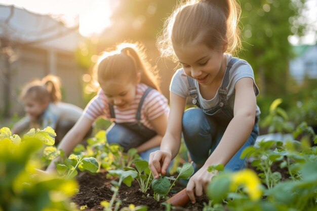 Familie die samen voor hun stedelijke groentetuin zorgt Generatieve AI