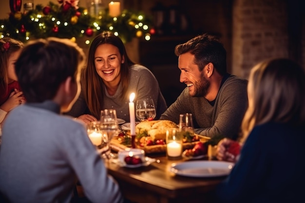 Familie die thuis een kerstdiner heeft, verzameld rond de tafel en geniet van hun tijd samen