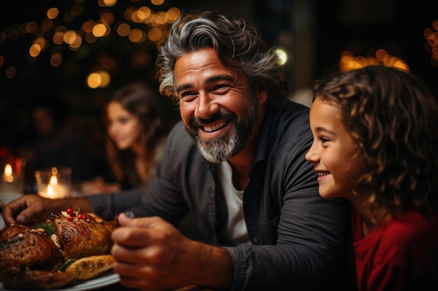 Familie die thuis een kerstdiner heeft, verzameld rond de tafel en geniet van hun tijd samen