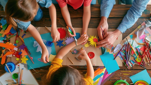 Foto familie die zich bezighoudt met creatieve kunsten en ambachten aig41