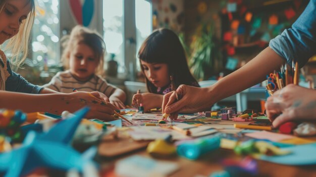 Familie die zich bezighoudt met creatieve kunsten en ambachten