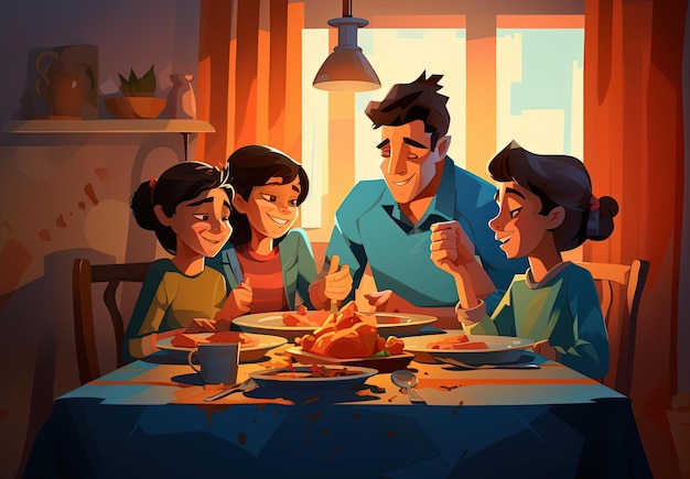 familie diner kinderen karakter vectoren in de stijl van generatieve kunst